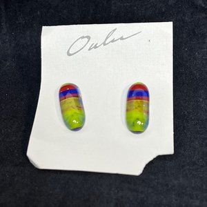Vintage Oulu Yellow, Green, Red & Blue Glass Fused Pierced Earrings (3259)
